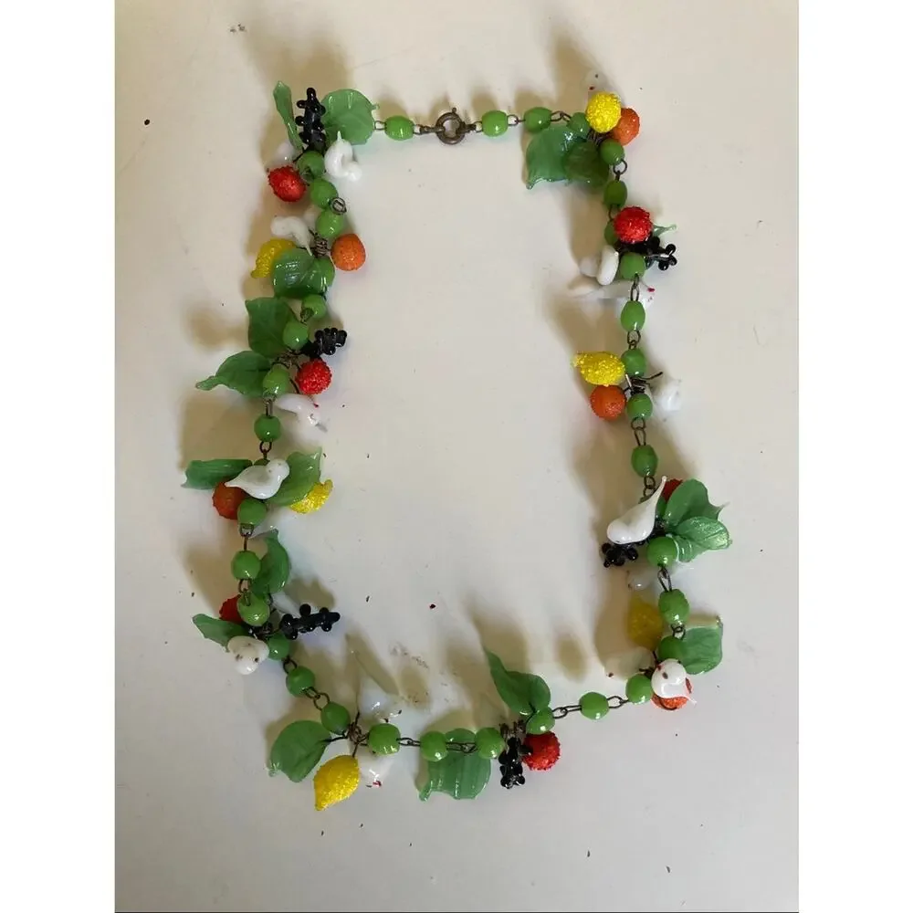 Vintage Murano Glass Tutti Frutti Fruit Salad Bird Necklace Choker Italy 16